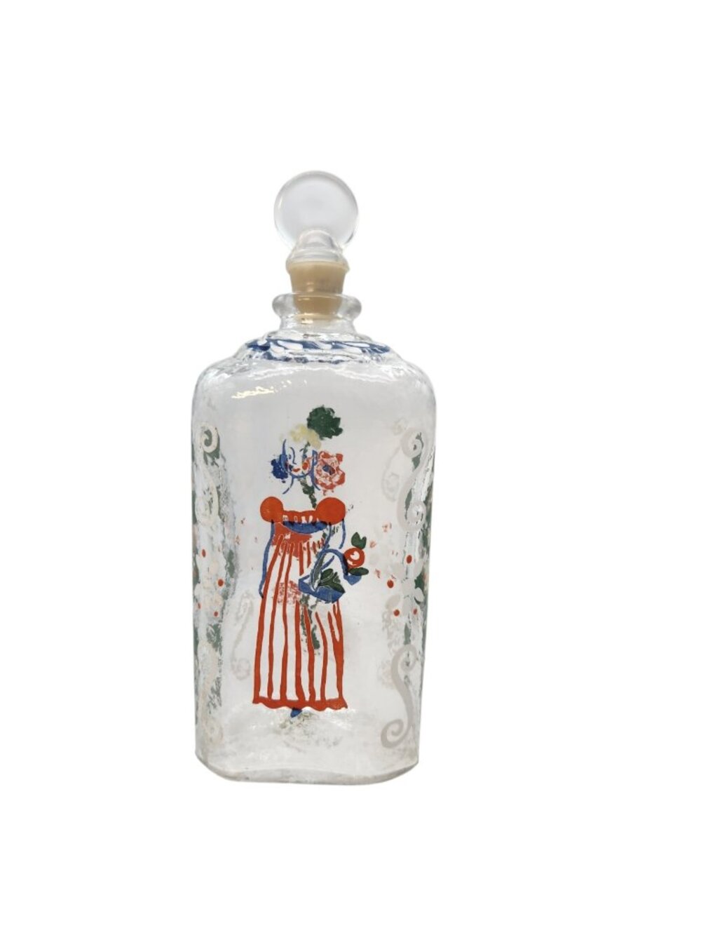Vintage Bohemian Style Hand Painted Glass Perfume Bottle Folk Art Floral